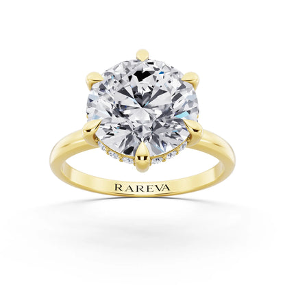 18 KT Yellow Gold Round Cut Diamond Hidden Halo Solitaire Ring - front view