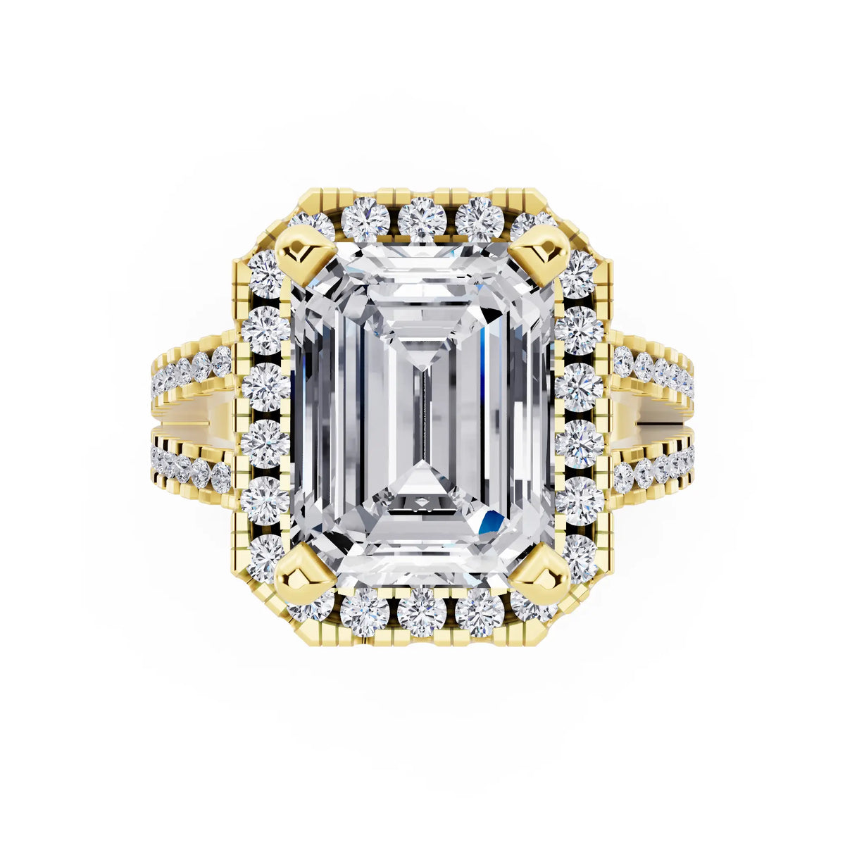 14 KT Yellow Gold Emerald Cut Diamond Halo Ring with Pave Split Shank - top angle