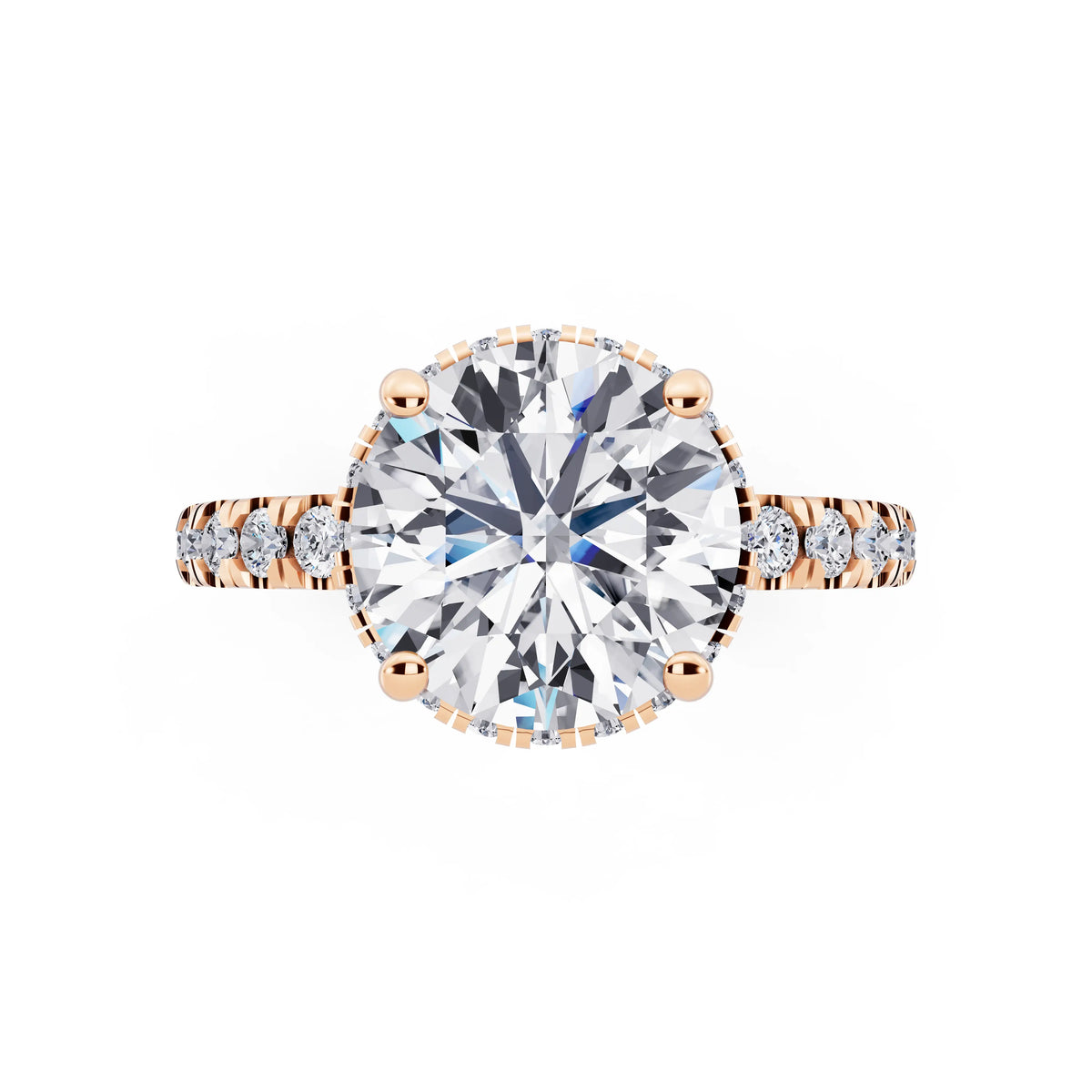 14 KT Rose Gold Round Cut Diamond Hidden Halo Ring with Pave Band - top angle