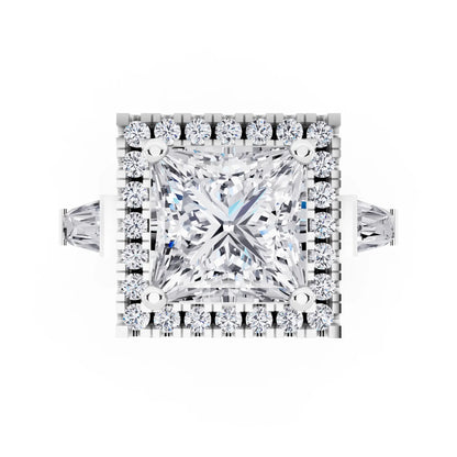 14 KT White Gold Princess Cut Diamond Halo Ring with Baguette Accents - top angle