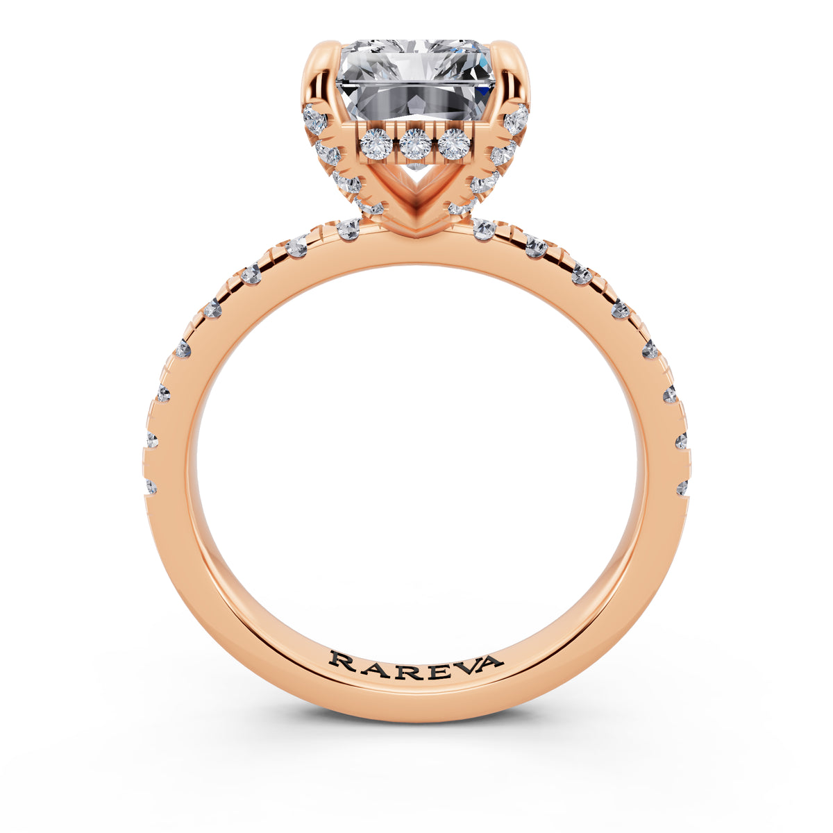 18 KT Rose Gold Radiant Cut Diamond Hidden Halo Ring with Pave Shank - through finger
