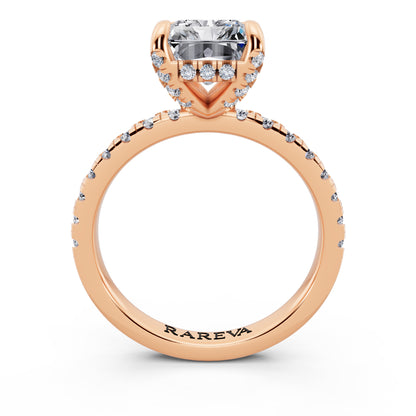 18 KT Rose Gold Radiant Cut Diamond Hidden Halo Ring with Pave Shank - through finger