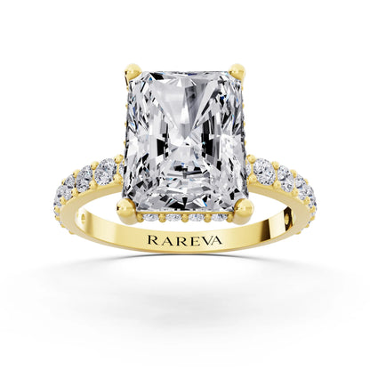 18 KT Yellow Gold Radiant Cut Diamond Solitaire Ring with Hidden Halo and Pave Band - front view