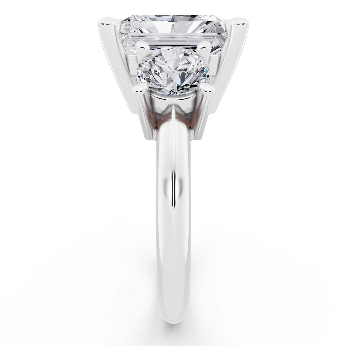 18 KT White Gold Radiant Cut Diamond Three Stone Ring with Round Accents - side view