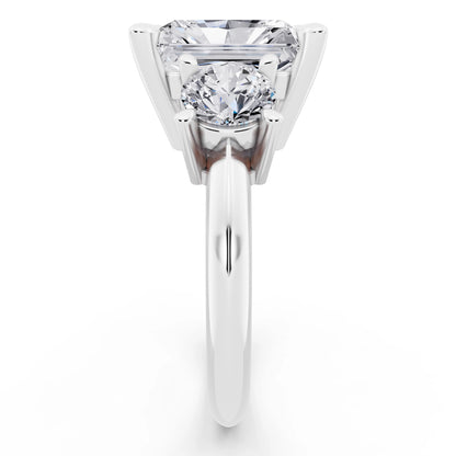 18 KT White Gold Radiant Cut Diamond Three Stone Ring with Round Accents - side view