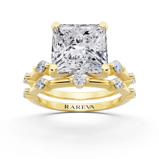 18 KT Yellow Gold Princess Cut Diamond Ring with Floating Accent Band - front view