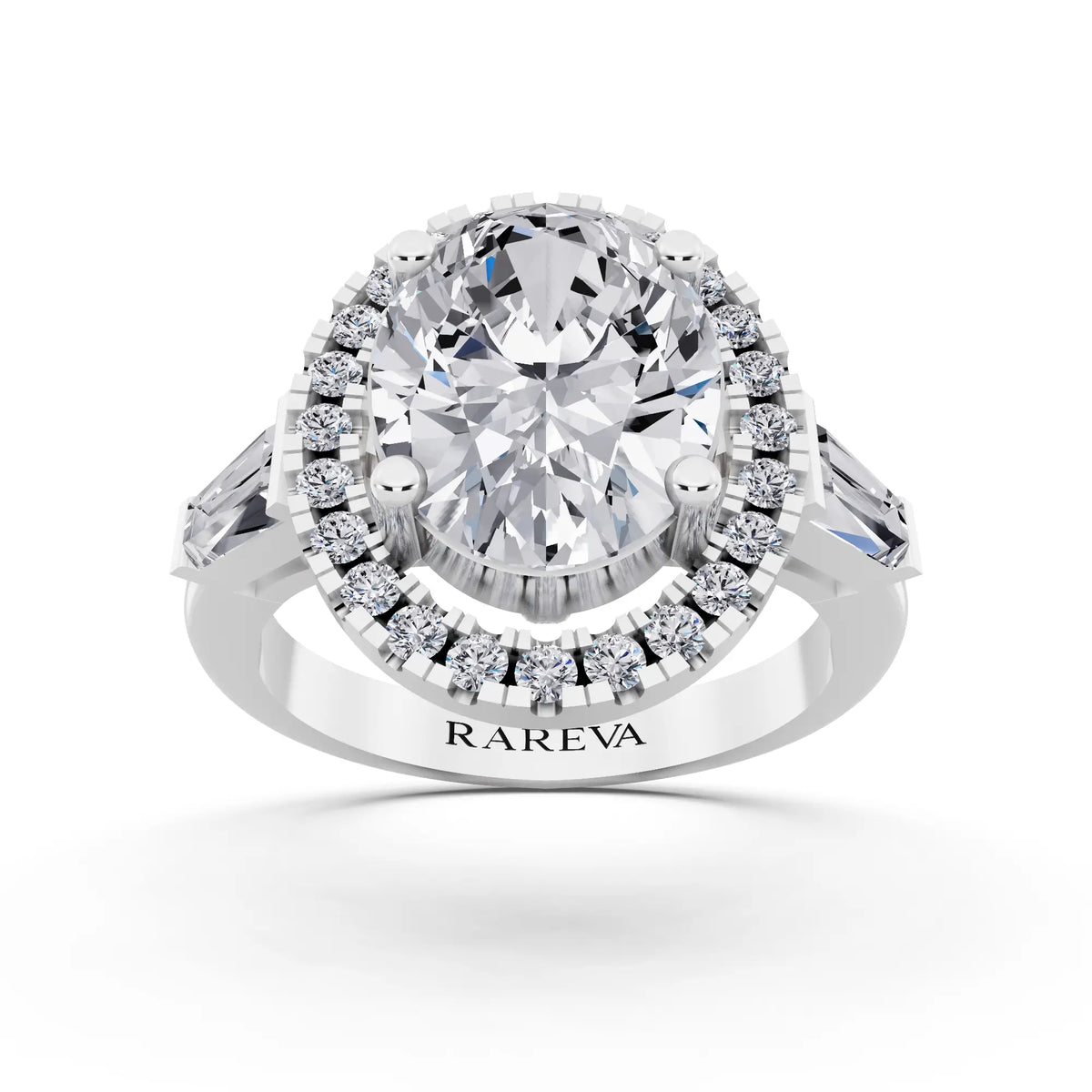 Platinum Oval Cut Diamond Halo Ring with Baguette Accents - front view