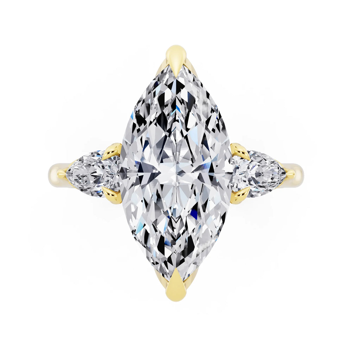 14 KT Yellow Gold Marquise Cut Diamond Cluster Engagement Ring with Pear Accents and Pavé Band - top angle