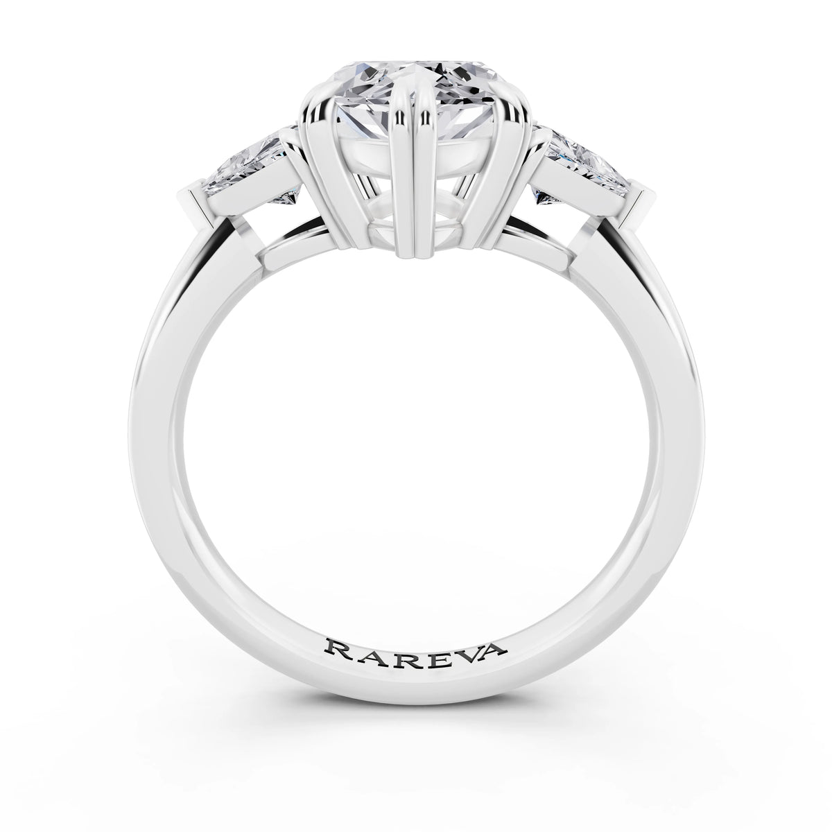 18 KT White Gold Marquise Cut Diamond Three Stone Ring with Trillion Accents - through finger