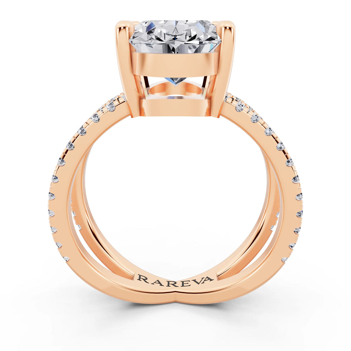 14 KT Rose Gold Oval Cut Diamond Ring with Twisted Split Shank - through finger