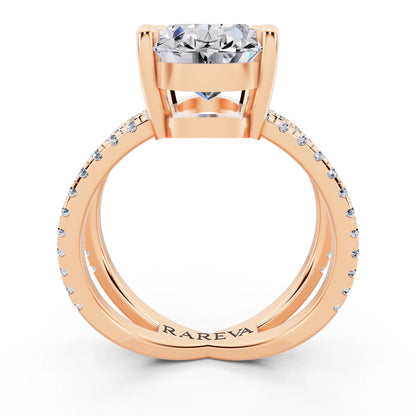 14 KT Rose Gold Oval Cut Diamond Ring with Twisted Split Shank - through finger