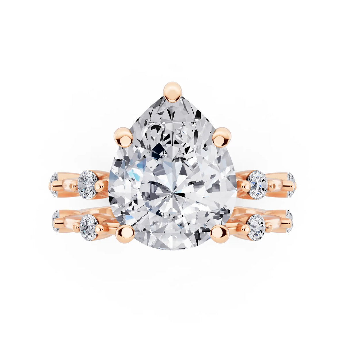 14 KT Rose Gold Pear Cut Diamond Ring with Floating Accent Band - top angle