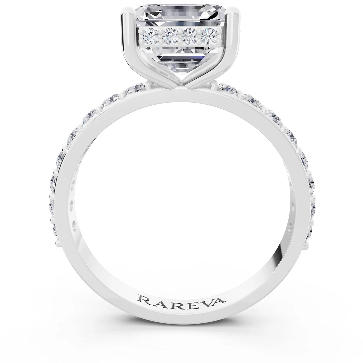 18 KT White Gold Asscher Cut Diamond Solitaire Ring with Hidden Halo and Pave Band - through finger