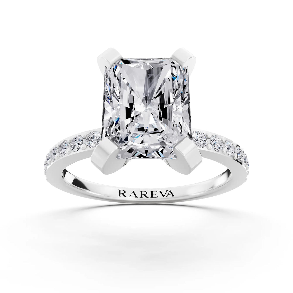 14 KT White Gold Radiant Cut Diamond Solitaire Ring with Pave Shank - front view