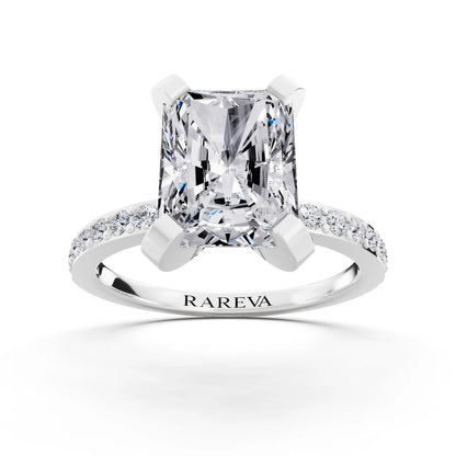 14 KT White Gold Radiant Cut Diamond Solitaire Ring with Pave Shank - front view