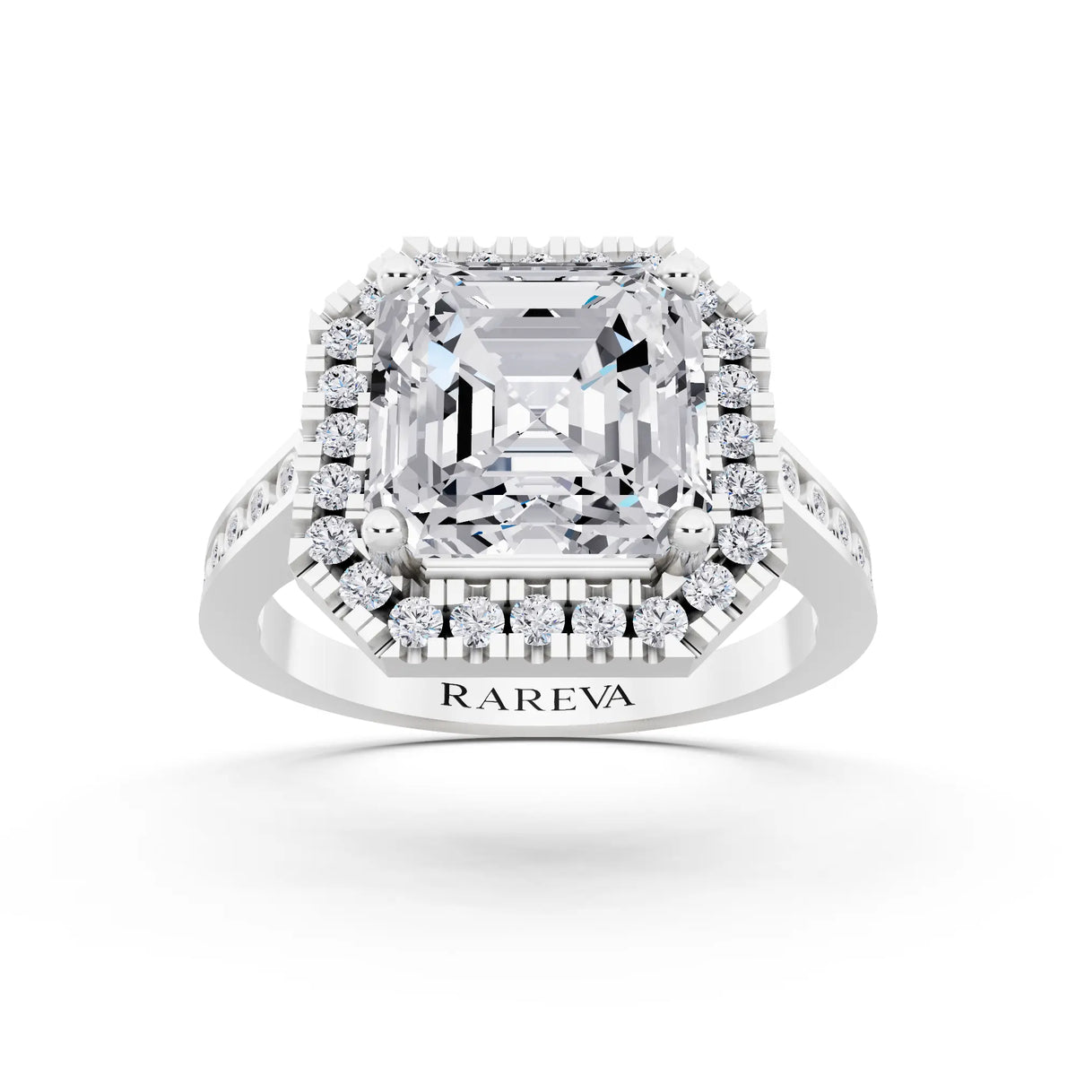 14 KT White Gold Asscher Cut Diamond Halo Ring with Bezel Accent Band - front view