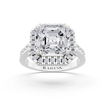 14 KT White Gold Asscher Cut Diamond Halo Ring with Bezel Accent Band - front view