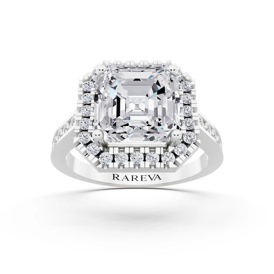 14 KT White Gold Asscher Cut Diamond Halo Ring with Bezel Accent Band - front view