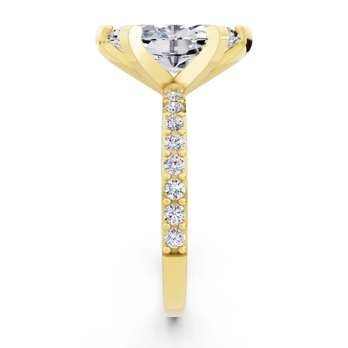 18 KT Yellow Gold Marquise Cut Diamond Solitaire Ring with Pave Shank - side view