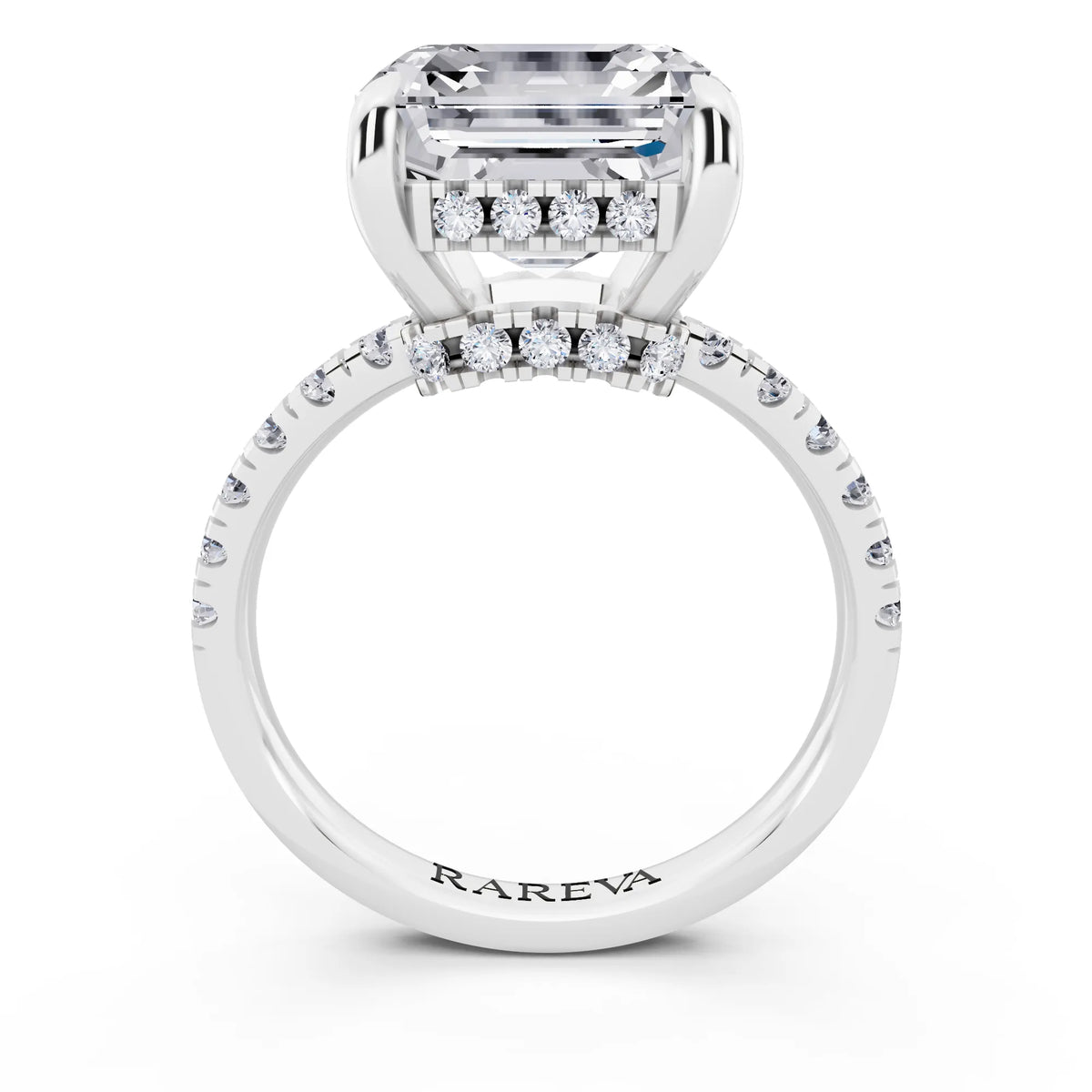 Platinum Asscher Cut Diamond Hidden Halo Tiger Prong Pave Band Ring - through finger