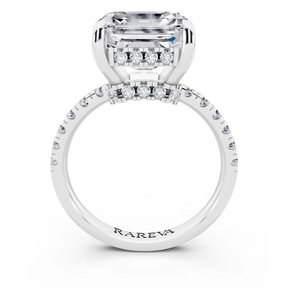 Platinum Asscher Cut Diamond Hidden Halo Tiger Prong Pave Band Ring - through finger