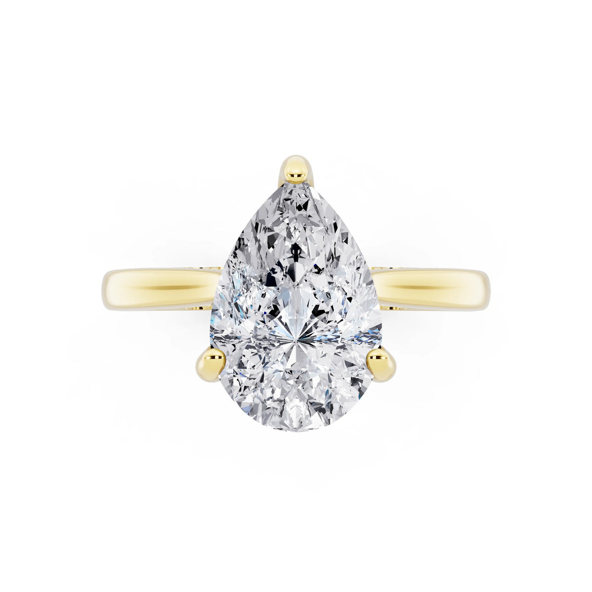 14 KT Yellow Gold Pear Cut Diamond Solitaire Ring with Cathedral Band - top angle