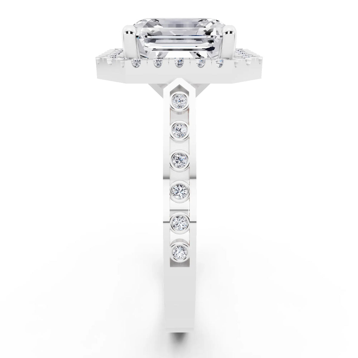 14 KT White Gold Asscher Cut Diamond Halo Ring with Bezel Accent Band - side view
