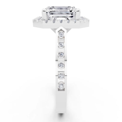 14 KT White Gold Asscher Cut Diamond Halo Ring with Bezel Accent Band - side view