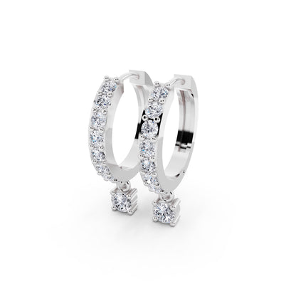 14KT White Gold Diamond Pave Hoop Earrings with Charm Drop - close up