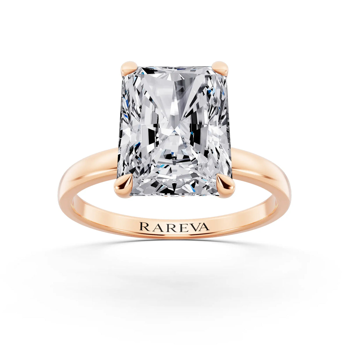14 KT Rose Gold Radiant Cut Diamond Solitaire Ring with Pave Collar - front view