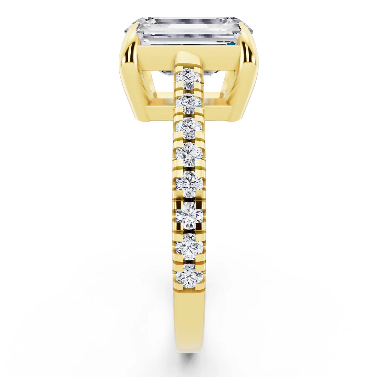 18 KT Yellow Gold Emerald Cut Diamond Claw Prong Solitaire Ring with French Pave Band - side view