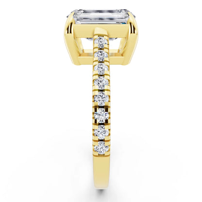 18 KT Yellow Gold Emerald Cut Diamond Claw Prong Solitaire Ring with French Pave Band - side view