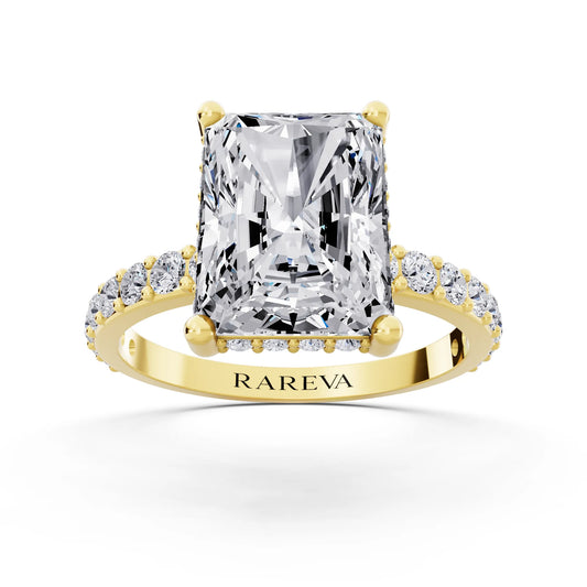 14 KT Yellow Gold Radiant Cut Diamond Solitaire Ring with Hidden Halo and Pave Band - front view