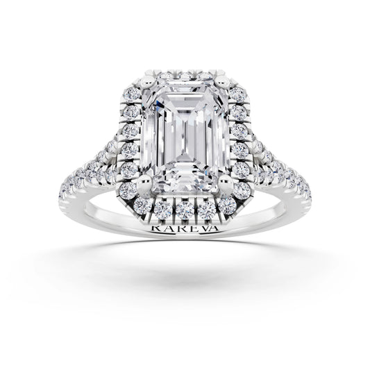 Platinum Emerald Cut Diamond Halo Ring with Split Shank - front view