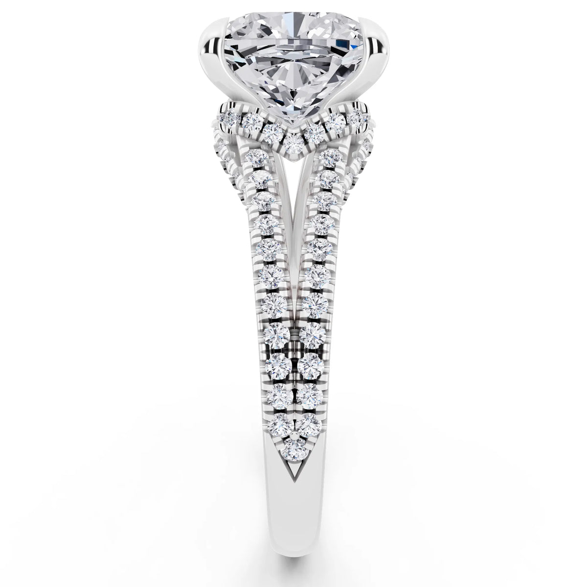 18 KT White Gold Cushion Cut Diamond Ring with Pavé Split Shank - side view