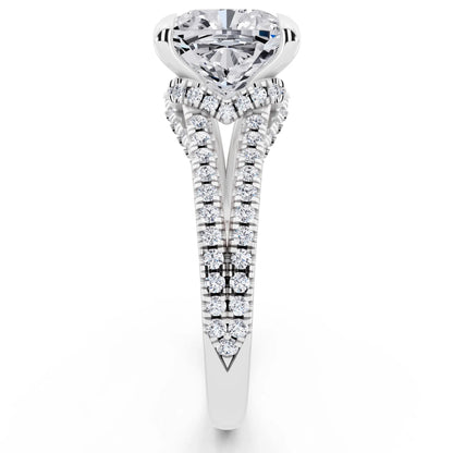 18 KT White Gold Cushion Cut Diamond Ring with Pavé Split Shank - side view