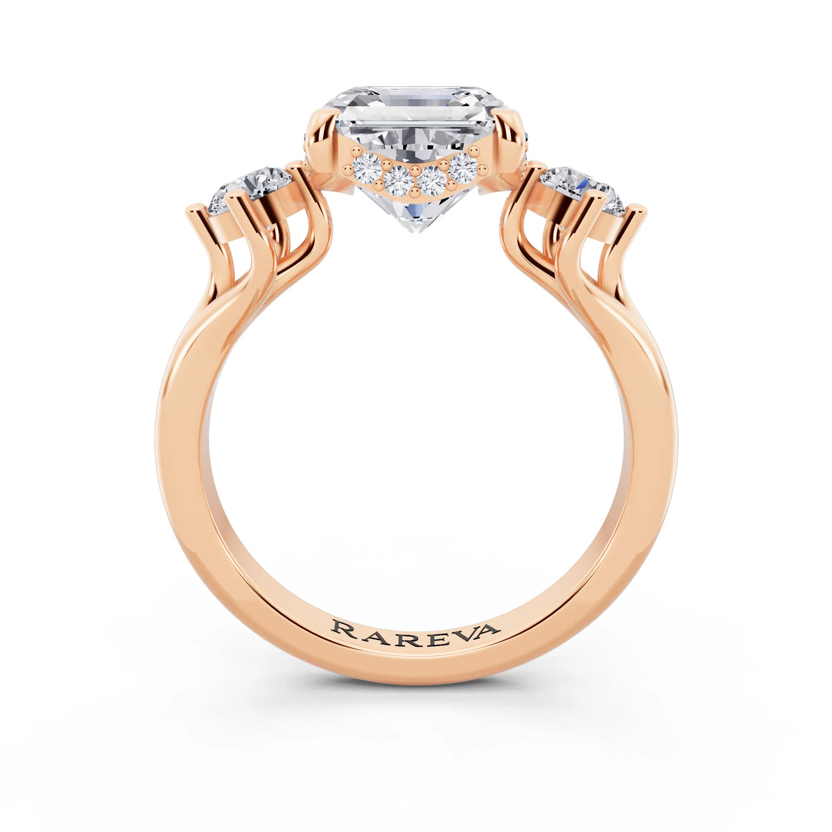 14 KT Rose Gold Asscher Cut Diamond Three Stone Engagement Ring with Hidden Halo - through finger