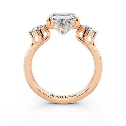 14 KT Rose Gold Asscher Cut Diamond Three Stone Engagement Ring with Hidden Halo - through finger