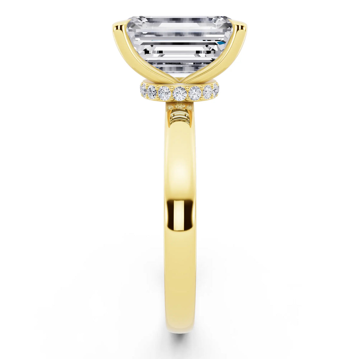 18 KT Yellow Gold Emerald Cut Diamond Solitaire Ring with Pave Collar - side view