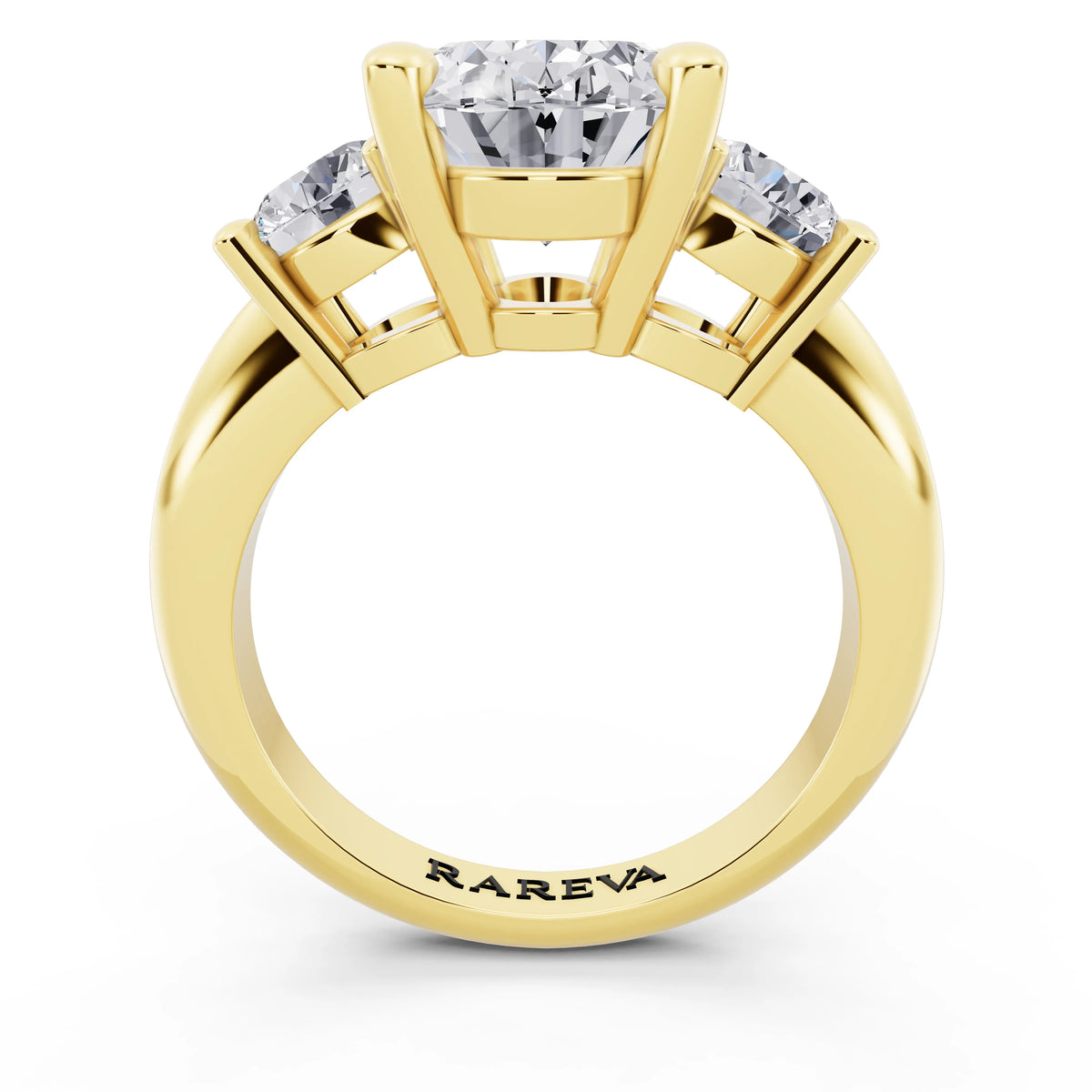 14 KT Yellow Gold Oval Cut Diamond Three Stone Ring with Round Accents - through finger
