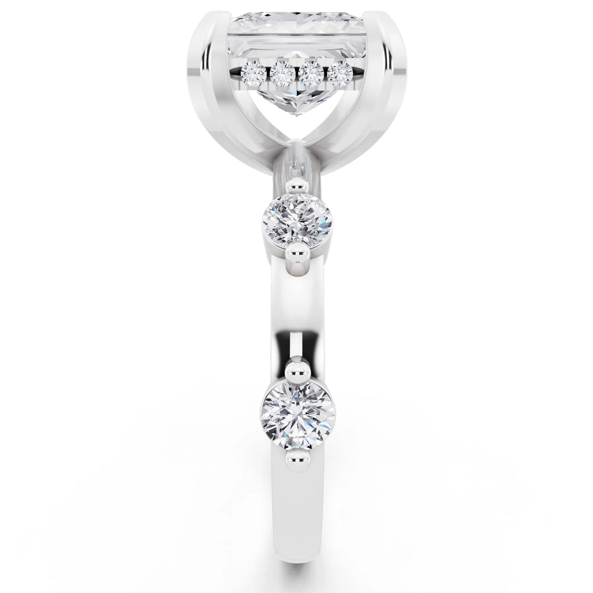 Platinum Princess Cut Diamond Solitaire Ring with Floating Diamond Accents - side view