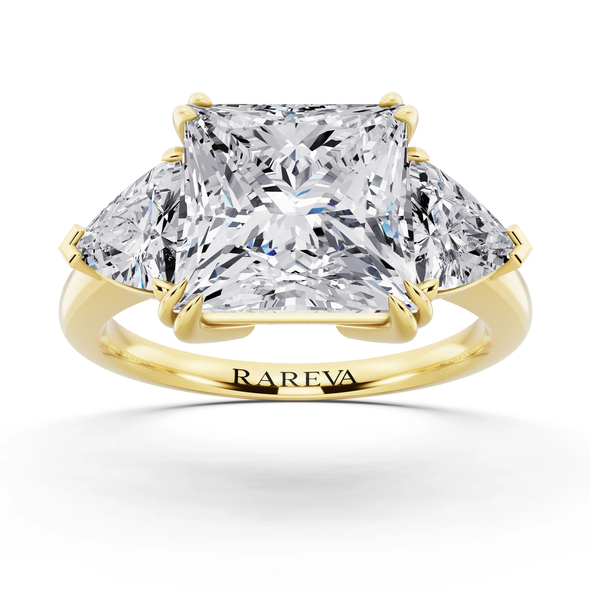 14 KT Yellow Gold Princess Cut Diamond Three Stone Ring with Trillion Accents - front view