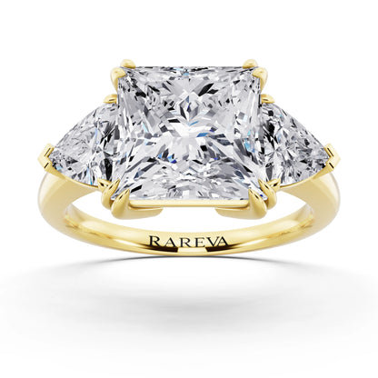14 KT Yellow Gold Princess Cut Diamond Three Stone Ring with Trillion Accents - front view
