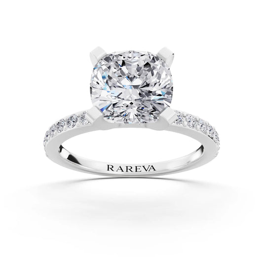 14 KT White Gold Cushion Cut Diamond Solitaire Ring with Pave Shank - front view