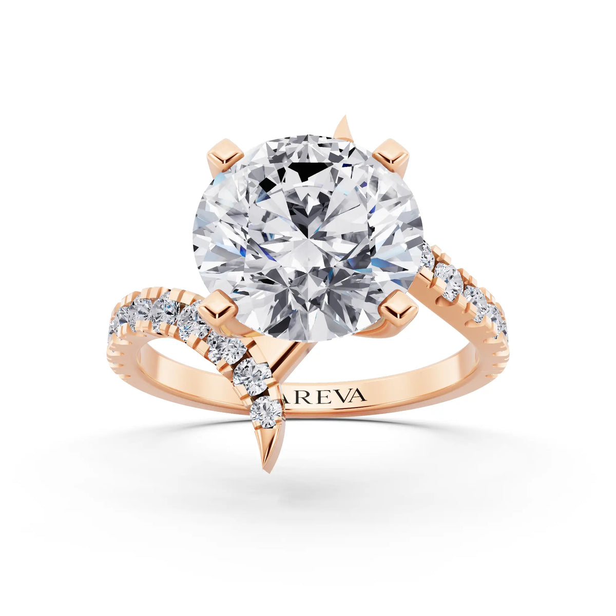 14 KT Rose Gold Round Cut Diamond Solitaire Ring with Pave Band and Accents - Front