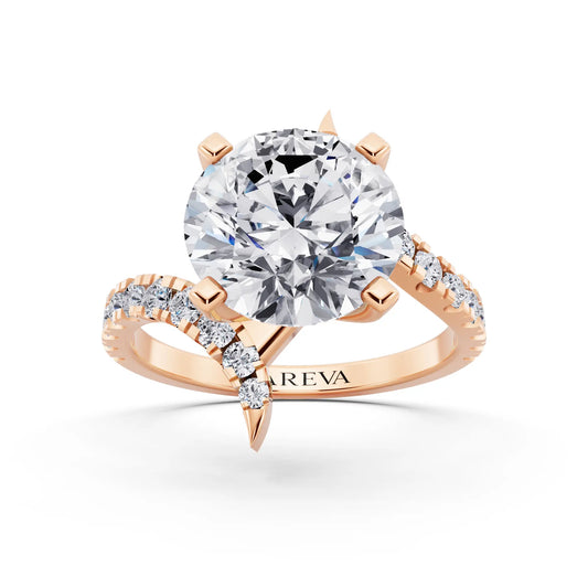 14 KT Rose Gold Round Cut Diamond Solitaire Ring with Pave Band and Accents - Front
