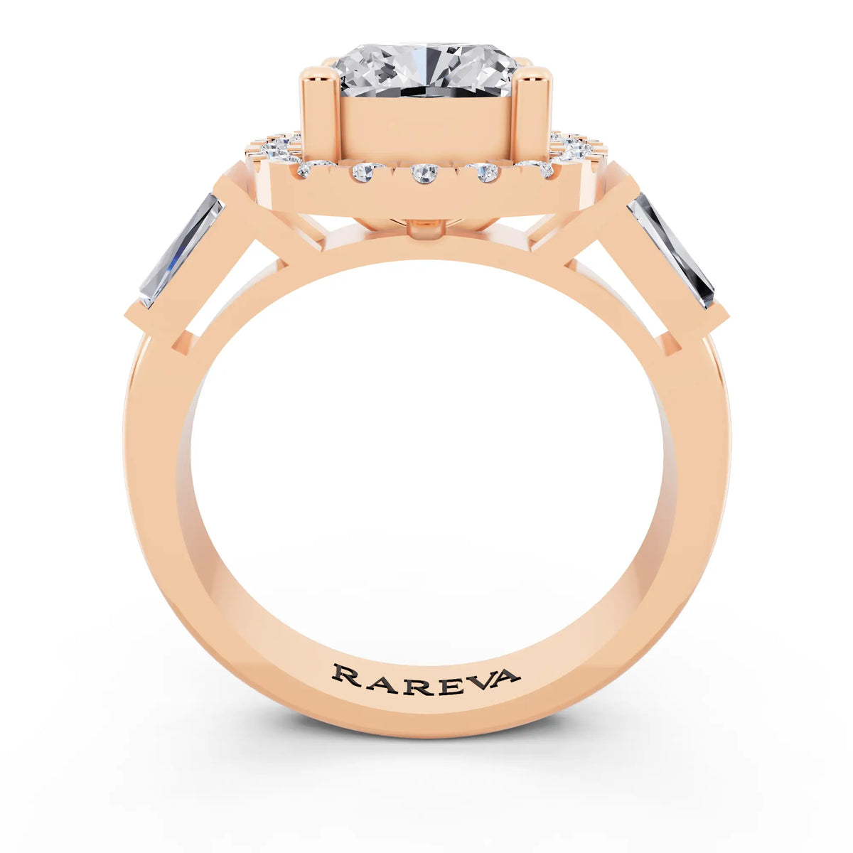 14 KT Rose Gold Cushion Cut Diamond Halo Ring with Baguette Accents - through finger