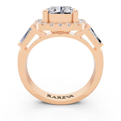 14 KT Rose Gold Cushion Cut Diamond Halo Ring with Baguette Accents - through finger