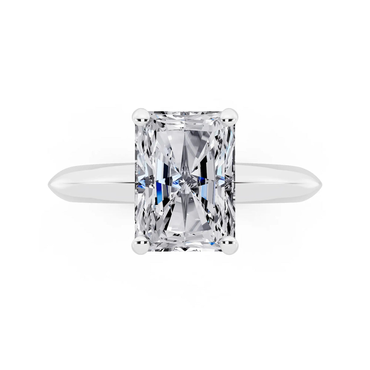 18 KT White Gold Radiant Cut Diamond Classic Solitaire Ring - top angle