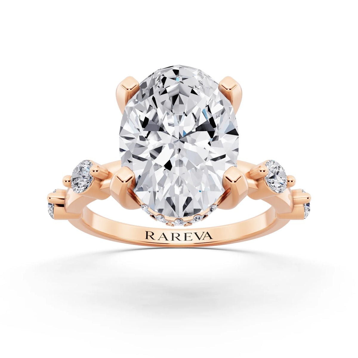 18 KT Rose Gold Oval Cut Diamond Solitaire Ring with Floating Diamond Accents - front view